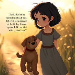 On their way back home, Lili, a fairy tale heroine with short dark hair, reflects on her deep love for her brown puppy, resolving never to let him go alone again