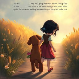 On their way back home, Lili, a fairy tale heroine with short dark hair, reflects on her deep love for her brown puppy, resolving never to let him go alone again