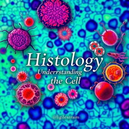 Design a captivating histology book cover that features a vibrant, intricate image of a microscope slide, highlighting detailed cellular structures