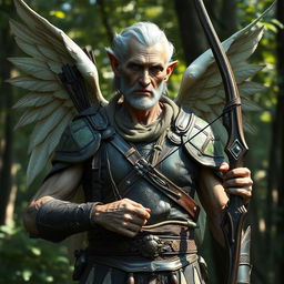 An ancient, mildly emaciated male aasimar ranger, embodying an angelic presence without wings