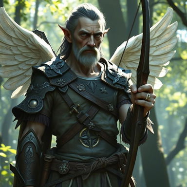 An ancient, mildly emaciated male aasimar ranger, embodying an angelic presence without wings