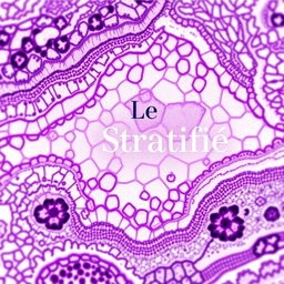 Create a histology book cover titled 'Le Stratifié' with a palette of purple and white shades