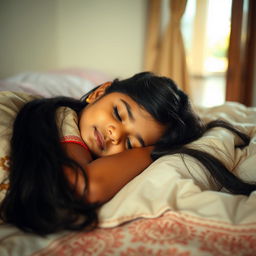 A beautiful girl from Kerala peacefully sleeping on a bed