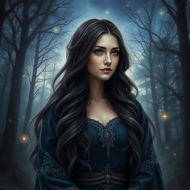 A mystical and enchanting portrait of a female fantasy author named Olena Vitrova, featuring her long, flowing dark hair with subtle waves