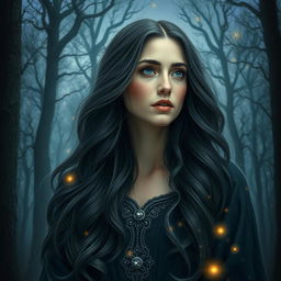 A mystical and enchanting portrait of a female fantasy author named Olena Vitrova, featuring her long, flowing dark hair with subtle waves