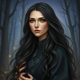 A mystical and enchanting portrait of a female fantasy author named Olena Vitrova, featuring her long, flowing dark hair with subtle waves