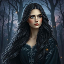 A mystical and enchanting portrait of a female fantasy author named Olena Vitrova, featuring her long, flowing dark hair with subtle waves