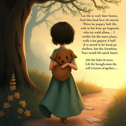 On their way back home, Lili, a fairy tale heroine with short dark hair, holds her beloved brown puppy close