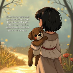 On their way back home, Lili, a fairy tale heroine with short dark hair, holds her beloved brown puppy close