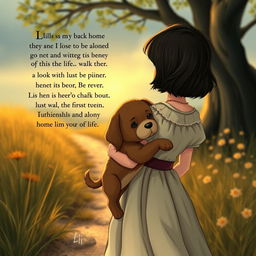 On their way back home, Lili, a fairy tale heroine with short dark hair, holds her beloved brown puppy close