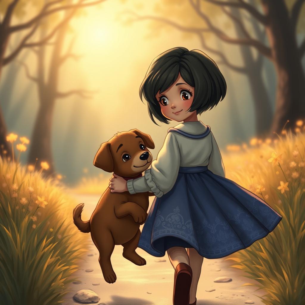 On their way back home, Lili, a fairy tale heroine with short dark hair, holds her beloved brown puppy close