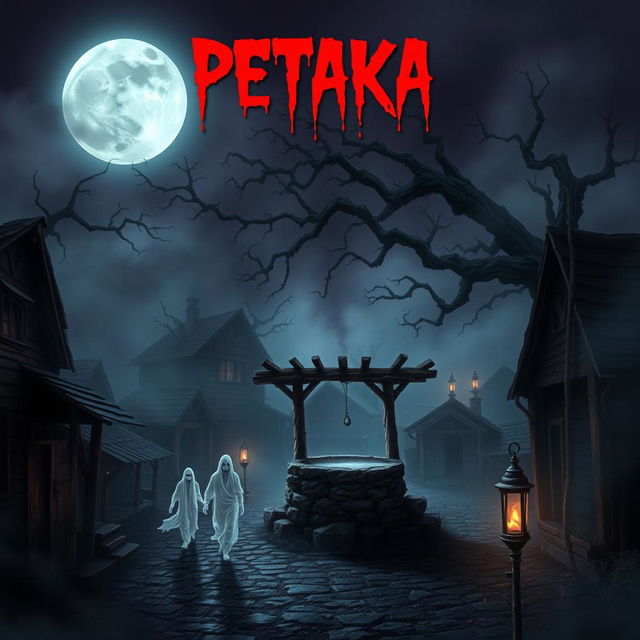 A hauntingly eerie village under a full moon, shrouded in dense fog, with dilapidated wooden houses and narrow, winding pathways