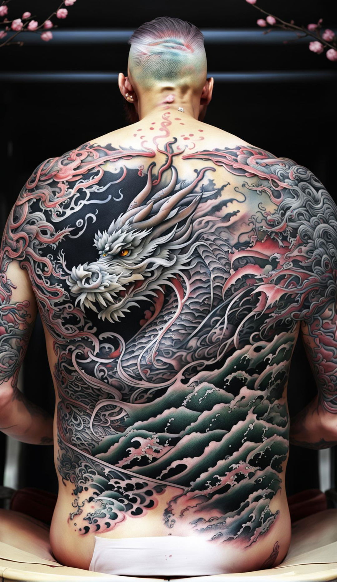 A detailed photograph of a traditional full back tattoo featuring a majestic dragon surrounded by waves, clouds, and cherry blossom trees.