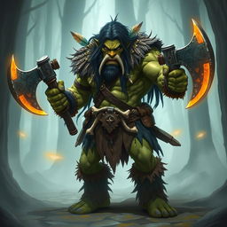 A fierce half-orc barbarian standing in a powerful stance, wielding two massive axes