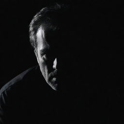 A solitary man exuding an aura of danger, shrouded in shadows with a stern, intense expression.