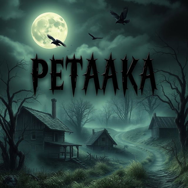 A haunting horror novel cover depicting a sinister, rural village at night under a full moon