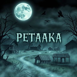 A haunting horror novel cover depicting a sinister, rural village at night under a full moon