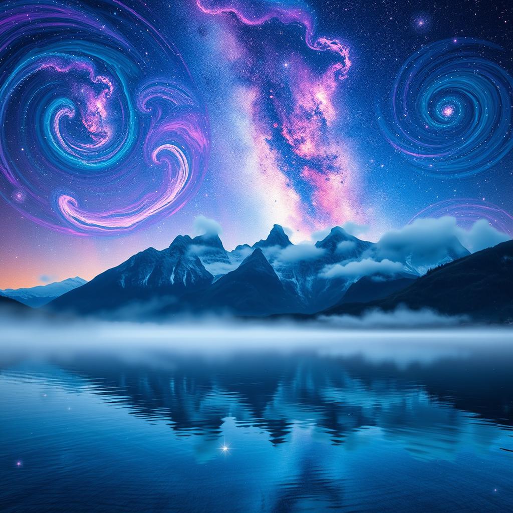 A surreal landscape depicting a sky filled with swirling galaxies, each bursting with colors of purple, blue, and pink hues