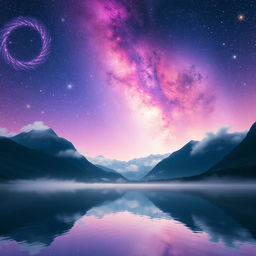 A surreal landscape depicting a sky filled with swirling galaxies, each bursting with colors of purple, blue, and pink hues