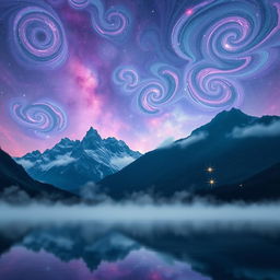 A surreal landscape depicting a sky filled with swirling galaxies, each bursting with colors of purple, blue, and pink hues