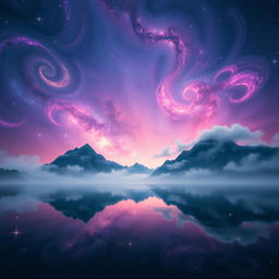 A surreal landscape depicting a sky filled with swirling galaxies, each bursting with colors of purple, blue, and pink hues