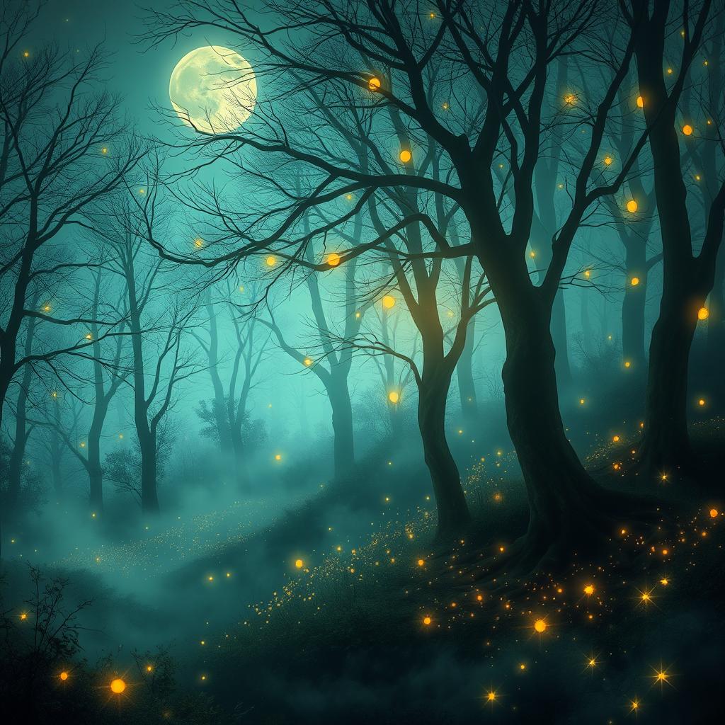 Magical forest filled with luminous fireflies and ethereal mist, a serene moonlight glow permeates the landscape