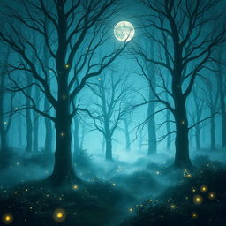 Magical forest filled with luminous fireflies and ethereal mist, a serene moonlight glow permeates the landscape