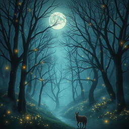 Magical forest filled with luminous fireflies and ethereal mist, a serene moonlight glow permeates the landscape