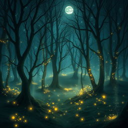 Magical forest filled with luminous fireflies and ethereal mist, a serene moonlight glow permeates the landscape