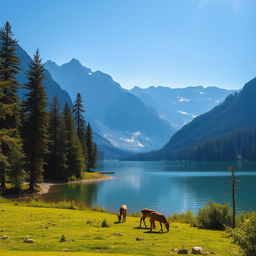 A serene landscape featuring a tranquil lake surrounded by lush green forests