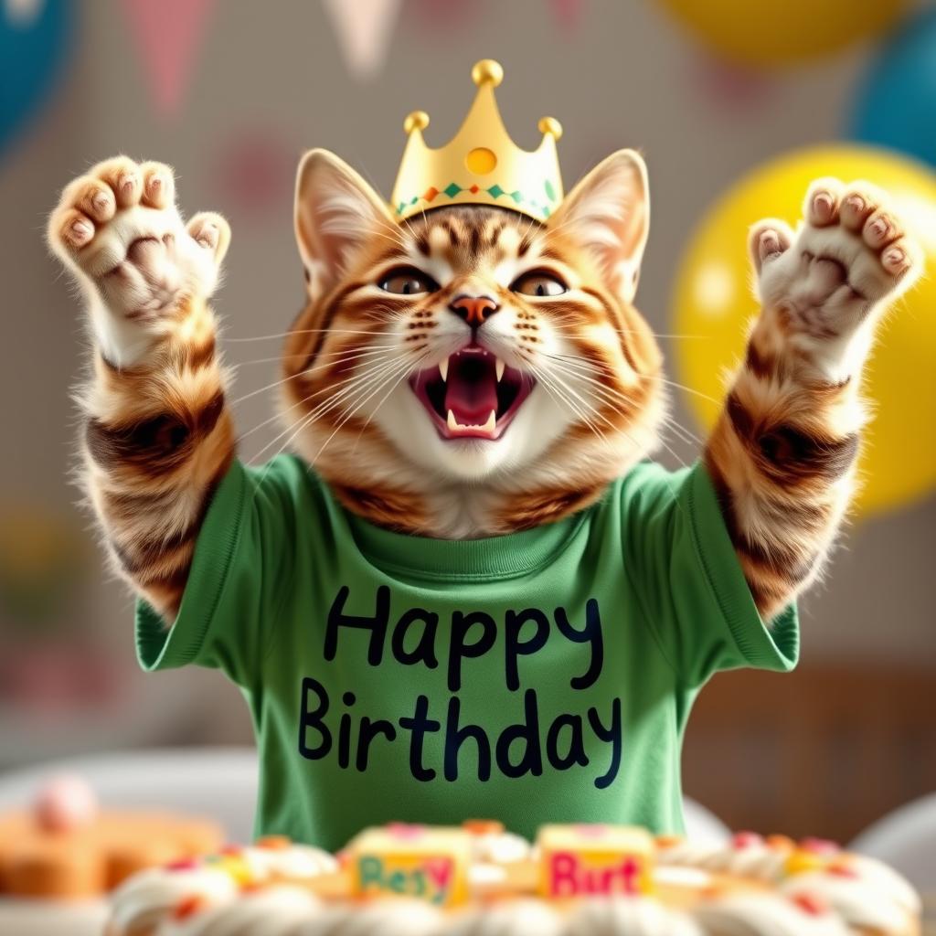 A photorealistic depiction of a cat wearing a green T-shirt and a crown on its head, joyfully celebrating its birthday