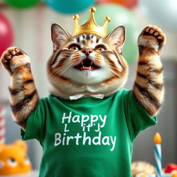 A photorealistic depiction of a cat wearing a green T-shirt and a crown on its head, joyfully celebrating its birthday