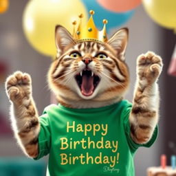 A photorealistic depiction of a cat wearing a green T-shirt and a crown on its head, joyfully celebrating its birthday