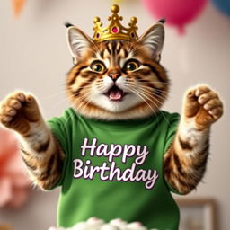 A photorealistic depiction of a cat wearing a green T-shirt and a crown on its head, joyfully celebrating its birthday