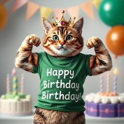 A photorealistic depiction of a cat wearing a green T-shirt and a crown on its head, proudly showing off its muscles while celebrating its birthday