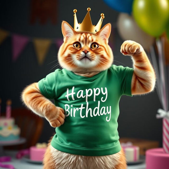 A photorealistic depiction of a cat wearing a green T-shirt and a crown on its head, proudly showing off its muscles while celebrating its birthday