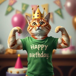 A photorealistic depiction of a cat wearing a green T-shirt and a crown on its head, proudly showing off its muscles while celebrating its birthday