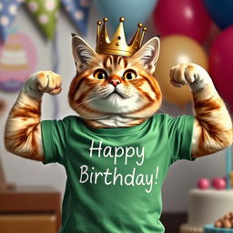 A photorealistic depiction of a cat wearing a green T-shirt and a crown on its head, proudly showing off its muscles while celebrating its birthday