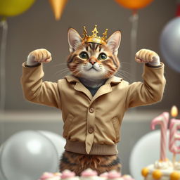 A photorealistic depiction of a cat wearing a beige jacket and a crown on its head, proudly showing off its muscles while celebrating its birthday