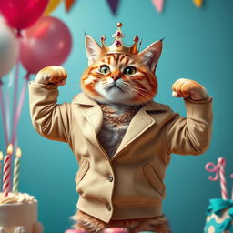 A photorealistic depiction of a cat wearing a beige jacket and a crown on its head, proudly showing off its muscles while celebrating its birthday