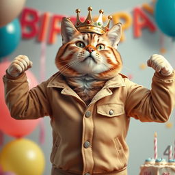 A photorealistic depiction of a cat wearing a beige jacket and a crown on its head, proudly showing off its muscles while celebrating its birthday