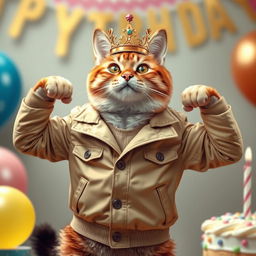 A photorealistic depiction of a cat wearing a beige jacket and a crown on its head, proudly showing off its muscles while celebrating its birthday