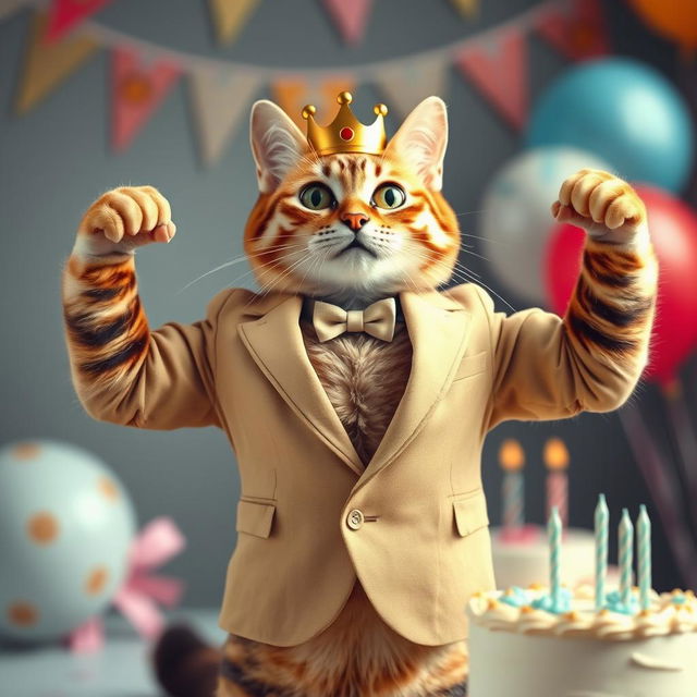 A photorealistic depiction of a cat wearing a beige blazer and a crown on its head, proudly showing off its muscles while celebrating its birthday