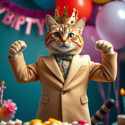 A photorealistic depiction of a cat wearing a beige blazer and a crown on its head, proudly showing off its muscles while celebrating its birthday