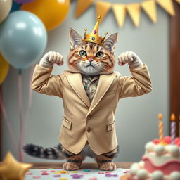 A photorealistic depiction of a cat wearing a beige blazer and a crown on its head, proudly showing off its muscles while celebrating its birthday