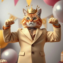 A photorealistic depiction of a cat wearing a beige blazer and a crown on its head, proudly showing off its muscles while celebrating its birthday