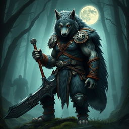 A majestic and fierce wolfman warrior, embodying the essence of a powerful lupine creature