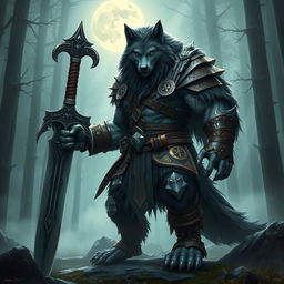 A majestic and fierce wolfman warrior, embodying the essence of a powerful lupine creature