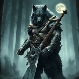 A majestic and fierce wolfman warrior, embodying the essence of a powerful lupine creature