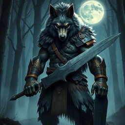 A majestic and fierce wolfman warrior, embodying the essence of a powerful lupine creature